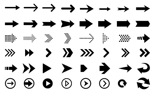 Big vector set of black flat arrows and direction pointers, isolated on white background.
