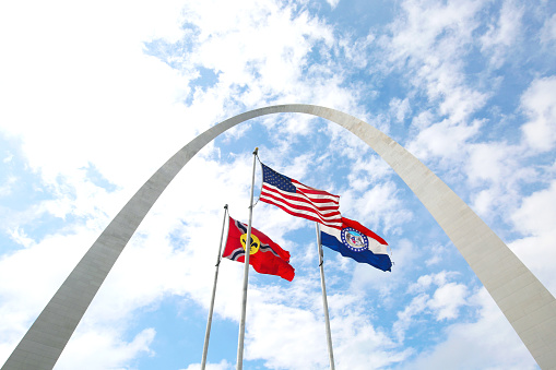 Gateway Arch in St Louis, Missouri. American and State Flags