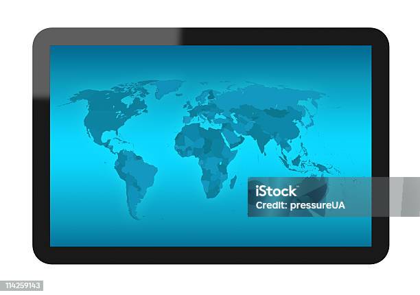 Mapa Do Mundo Com Tablet Pc - Fotografias de stock e mais imagens de Agenda Eletrónica - Agenda Eletrónica, Apresentação Digital, Azul