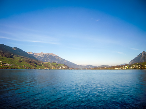Scenery from GoldenPass Line - Lake Sarnen (Sarnersee) in atutumn, Canton of Obwalden, Central Switzerland, Switzerland