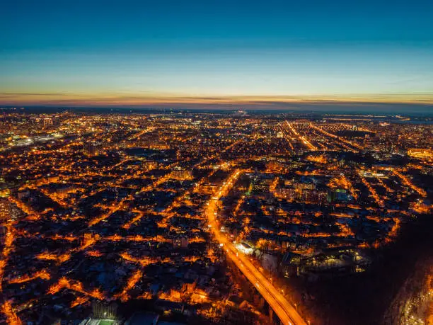 Night Voronezh. Aerial view taken by drone.