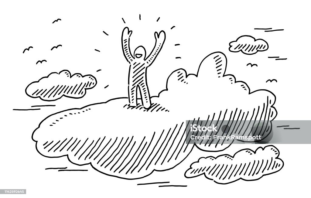 Human Figure Standing On Cloud Raising Arms Drawing Hand-drawn vector drawing of a Human Figure Standing On a Cloud and Raising Arms. Black-and-White sketch on a transparent background (.eps-file). Included files are EPS (v10) and Hi-Res JPG. Happiness stock vector