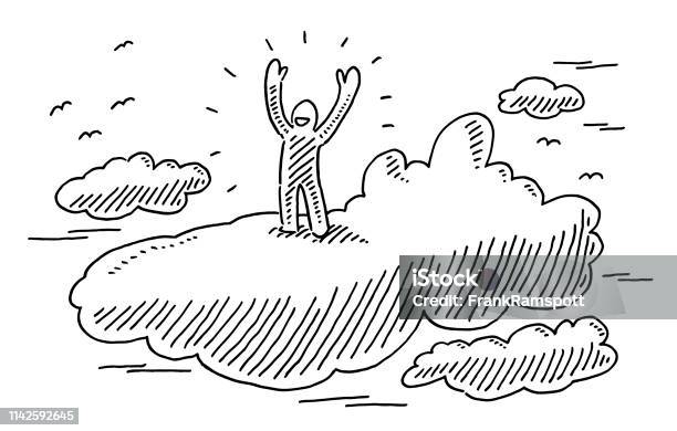 Human Figure Standing On Cloud Raising Arms Drawing Stock Illustration - Download Image Now