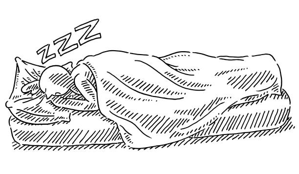 Sleeping In Bed Human Figure Drawing Hand-drawn vector drawing of a Human Figure Sleeping In a Bed with a Pillow and a Blanket. Black-and-White sketch on a transparent background (.eps-file). Included files are EPS (v10) and Hi-Res JPG. drawing of mattress stock illustrations