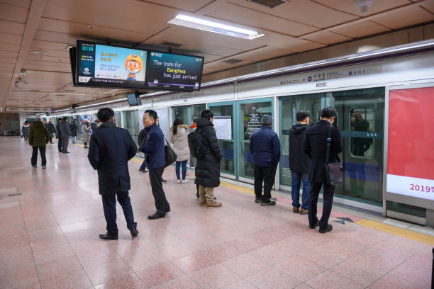 February 20, 2019, Seoul, South Korea: Passengers are seen waiting on the platform of Seodaemum station of the Seoul Subway.