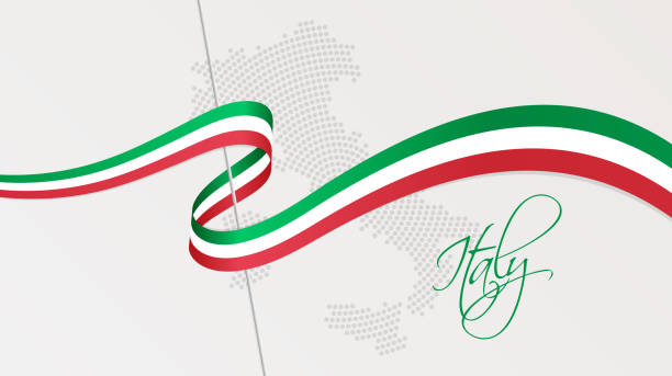 illustrazioni stock, clip art, cartoni animati e icone di tendenza di bandiera nazionale ondulata e mappa a mezzitoni punteggiati radiali dell'italia - italia