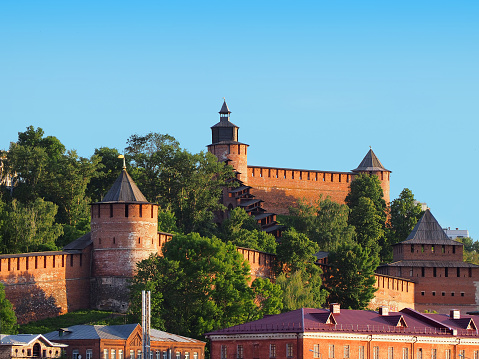 Tower and wall of middle ages fortress. Nizhny Novgorod, Kremlin, Russia
