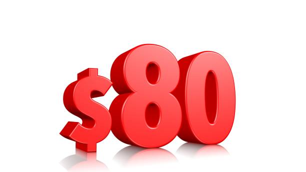 istock 80$ Eighty price symbol. red text 3d  render with dollar sign on white background 1142596715