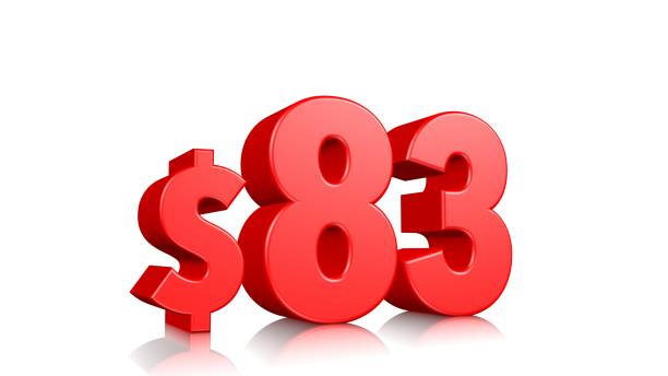 istock 83$ Eighty three price symbol. red text 3d  render with dollar sign on white background 1142598431