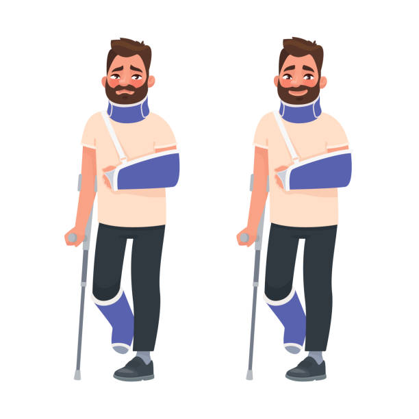 Sad and happy man with a broken arm and leg in a cast with a crutch and a fixing collar around his neck Sad and happy man with a broken arm and leg in a cast with a crutch and a fixing collar around his neck. Fracture limb. Injury. Vector illustration in cartoon style bandage arm stock illustrations