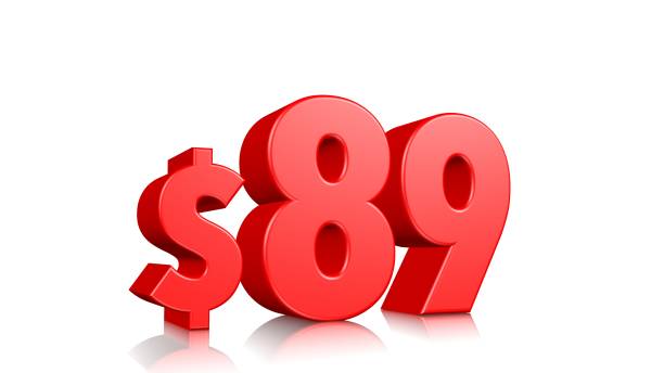 istock 89$ eighty-nine price symbol. red text 3d  render with dollar sign on white background 1142598863
