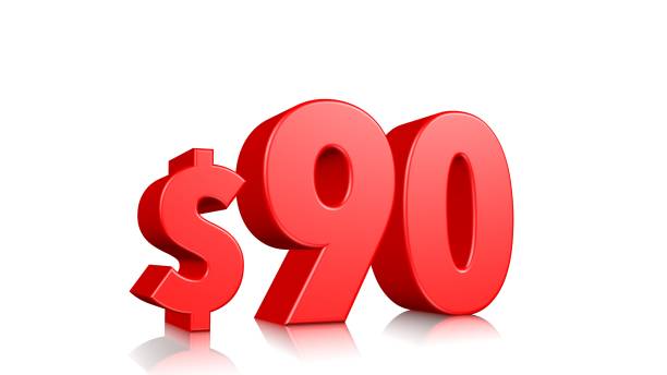 90$ ninety price symbol. red text 3d  render with dollar sign on white background