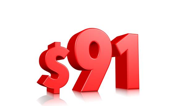 91$ Ninety one price symbol. red text 3d  render with dollar sign on white background
