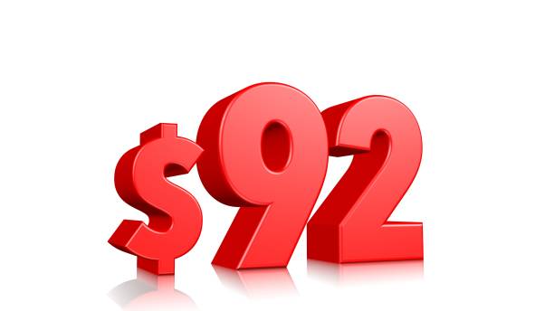 istock 92$ Ninety two price symbol. red text 3d  render with dollar sign on white background 1142599758