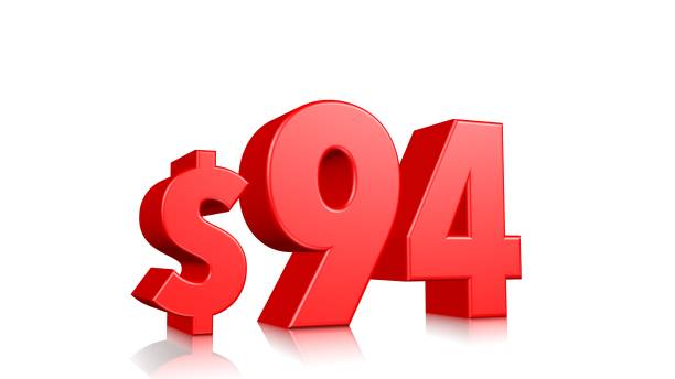 istock 94$ Ninety four price symbol. red text 3d  render with dollar sign on white background 1142599817