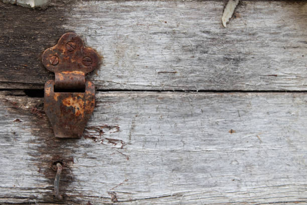 istock Old dusty rustic hinge on hinge box on grunge texture background. Antique Wooden Chest 1142599864