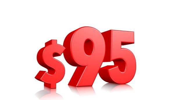 istock 95$ Ninety five price symbol. red text 3d  render with dollar sign on white background 1142599891