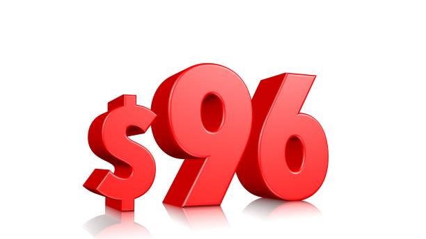 istock 96$ Ninety six price symbol. red text 3d  render with dollar sign on white background 1142599965