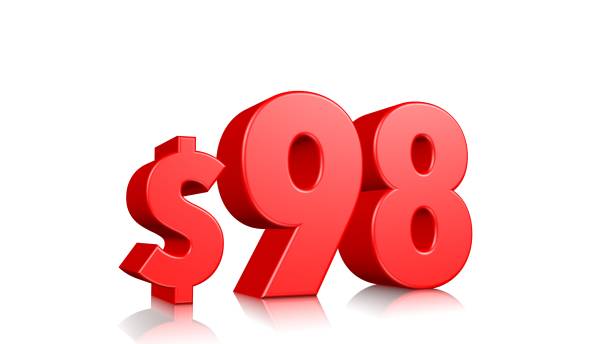 istock 98$ Ninety-eight price symbol. red text 3d  render with dollar sign on white background 1142600110