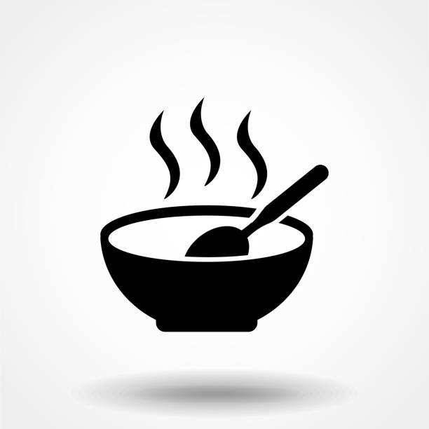 ilustrações de stock, clip art, desenhos animados e ícones de soup plate with steam hot lunch black icon on white background - tigela ilustrações