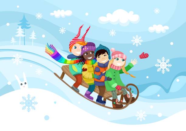 children in the winter vector art illustration