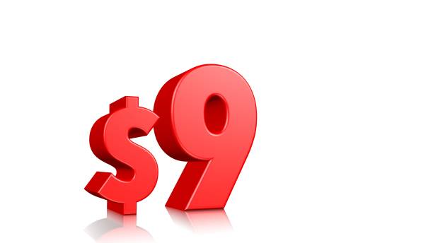 istock 9$ price symbol. red text 3d render. 1142601269