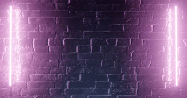 istock 3d rendering. Brick wall illuminated by a pink neon lamp. Abstract background. Light effect on the protruding surface. 1142602198