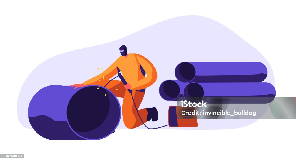 Welding Man Steel Piping in Industrial Automotive Factory. Metal Industry Worker in Protection Mask and Uniform Welding Steel or Iron Pipe. Metallurgy Processing. Cartoon Flat Vector Illustration Welder stock vector