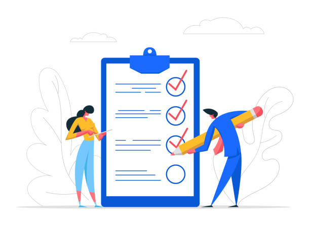 ilustrações de stock, clip art, desenhos animados e ícones de businessman character mark checklist with pen. businesswoman completion business task. goal achievements people planning schedule concept. flat vector cartoon illustration - checkbox check mark checklist clipboard