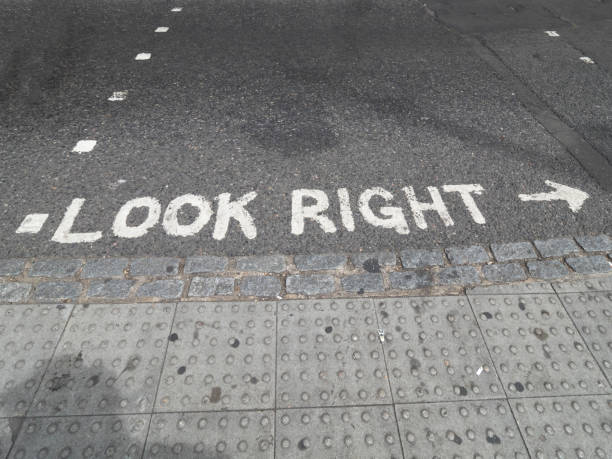istock 'Look Right' pavement warning in London 1142608363