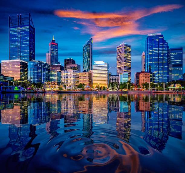 Sunset in Perth city with building and river