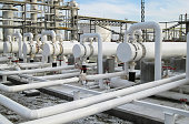Heat exchangers in refineries. The equipment for oil refining. Heat exchanger for flammable liquids. The plant for the primary processing of oil