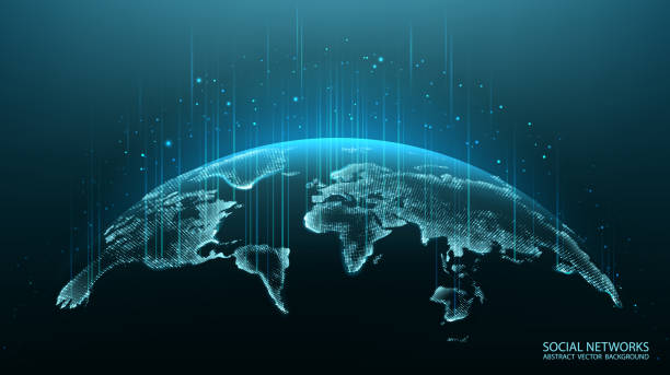 Map of the planet. World map. Global social network. Future. Vector. Blue futuristic background with planet Earth. Internet and technology. Virtual reality and modern science. Abstract image of dots and lines. Floating blue plexus geometric background. globe navigational equipment stock illustrations