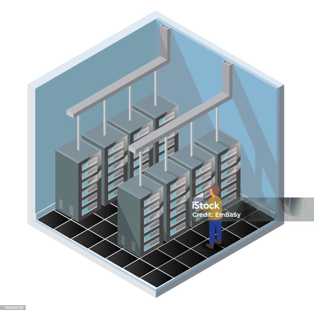 Isometric Vector Illustration Diagnostic Test In A Server Computer Room ...
