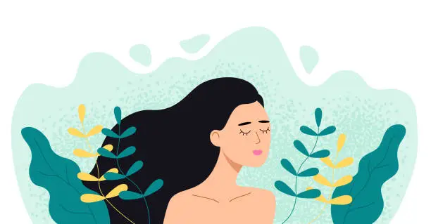 Vector illustration of Woman in plants and leaves. Girl with closed eyes in nature. Vector flat illustration.