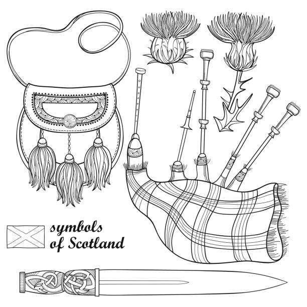 Vector set of outline Scottish symbols: long dagger or dirk, bagpipe, sporran and thistle flower in black isolated on white background. Vector set of outline Scottish symbols: long dagger or dirk, bagpipe, sporran and thistle flower in black isolated on white background. Scotland culture in contour style for folk coloring book. sporran stock illustrations