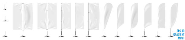Realistic white banner flags 3d mockup. Realistic white banner flags 3d mockup. Textile waving advertisement banner flags. feather flag stock illustrations