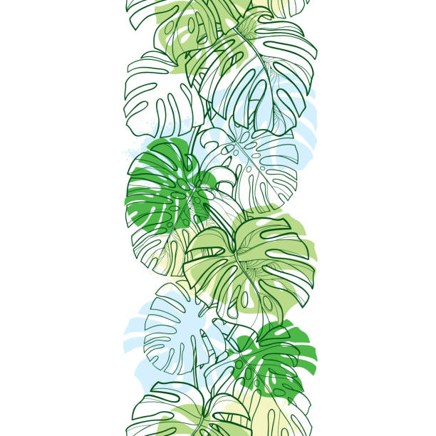 vector nahtloses muster mit umrissen tropischen monstera oder schweizer käsepflanzenblatt-haufen in pastellgrün auf dem weißen hintergrund. - pattern repetition backgrounds pastel colored stock-grafiken, -clipart, -cartoons und -symbole