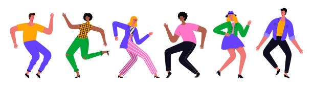 ilustrações de stock, clip art, desenhos animados e ícones de group of young happy dancing people or male and female dancers isolated on white background. vector illustration flat design. use in web project and applications. - animated cartoon music teens arts and entertainment