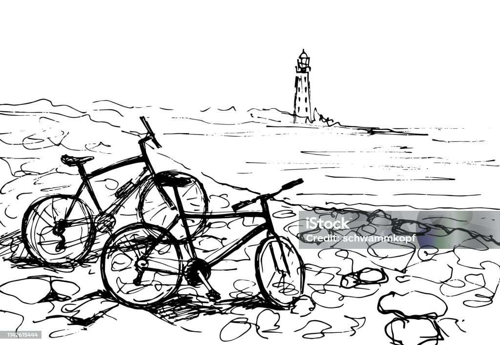 Bicycles on the sea shore. Lighthouse in the background Line drawing Bicycle stock vector