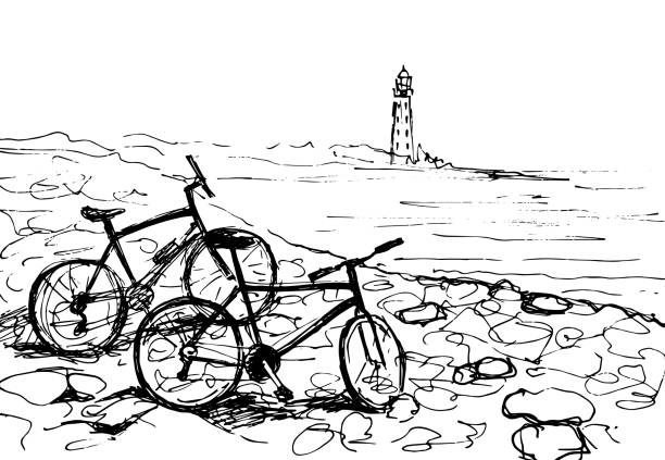 Bicycles on the sea shore. Lighthouse in the background Line drawing lighthouse drawings stock illustrations