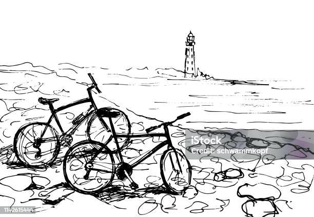 Bicycles On The Sea Shore Lighthouse In The Background Stock Illustration - Download Image Now