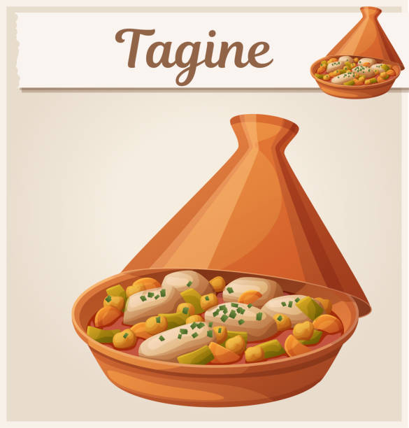 Tagine with chicken meat and vegetables icon. Cartoon vector food illustration Tagine with chicken meat and vegetables icon. Cartoon vector food illustration tajine stock illustrations
