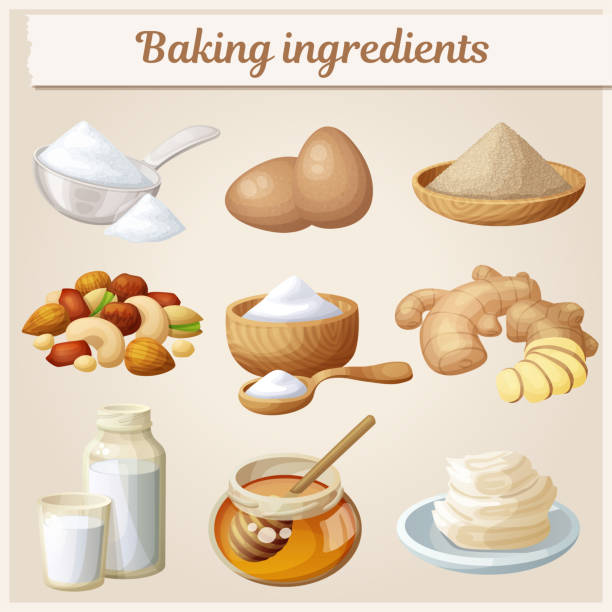 Baking ingredients cartoon vector icons set. Collection of cooking illustrations eggs, nuts, yeast, sugar, milk, powder, honey, Baking ingredients cartoon vector icons set. Collection of cooking illustrations eggs, nuts, yeast, sugar, milk, powder, honey, ginger ground spice root stock illustrations