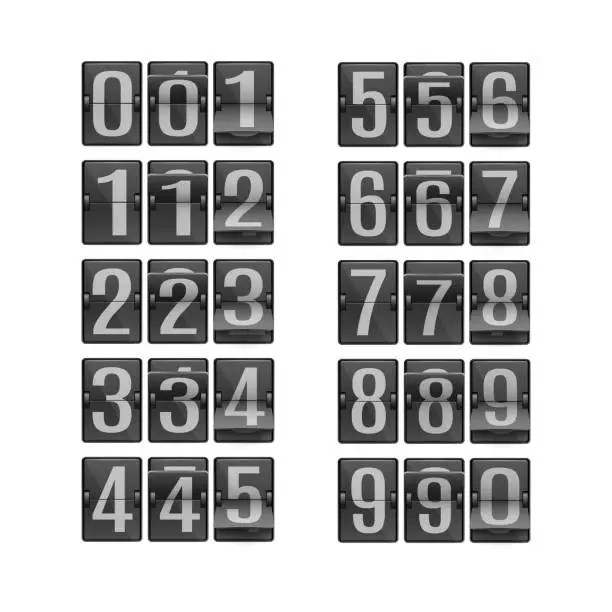 Vector illustration of Vector illustration set of digits on black flip mechanical timetable in different positions.