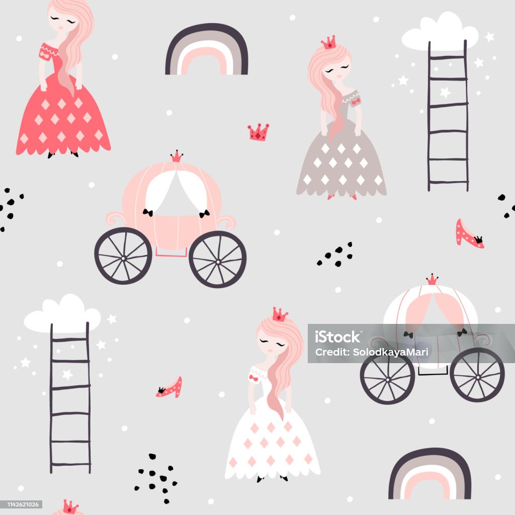 Childish seamless pattern with princess, rainbow, carriage in scandinavian style. Creative vector childish background for fabric, textile Princess stock vector