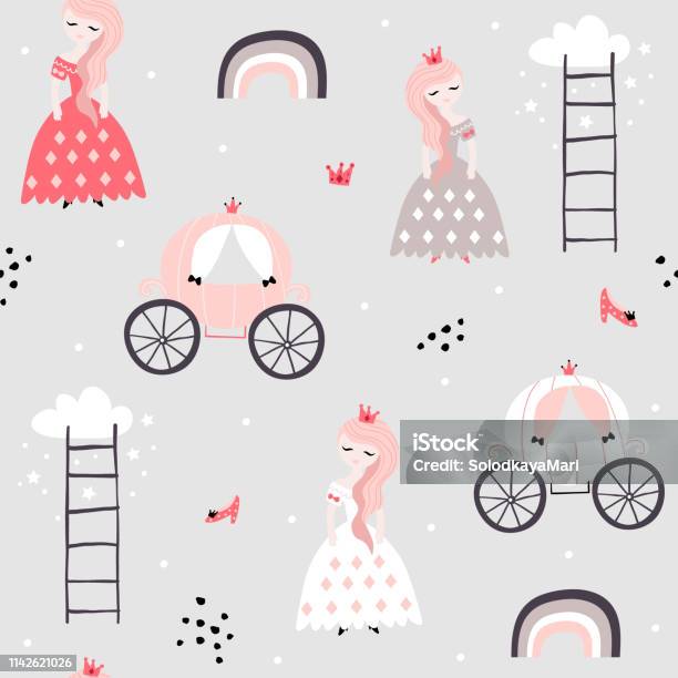 Childish Seamless Pattern With Princess Rainbow Carriage In Scandinavian Style Creative Vector Childish Background For Fabric Textile Stock Illustration - Download Image Now