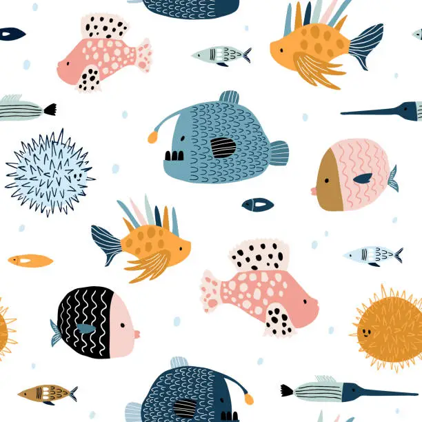 Vector illustration of Seamless pattern with creative and colorful fishes . Creative undersea childish texture. Great for fabric, textile Vector Illustration