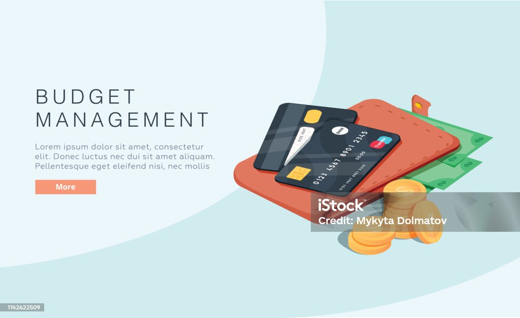 Budget management concept in isometric vector illustration. Money economy background with billfold Profit or revenue Budget management concept in isometric vector illustration. Money economy background with billfold. Profit or revenue analysis as part of accounting. Web banner layout template. Online taxes Credit Card stock vector