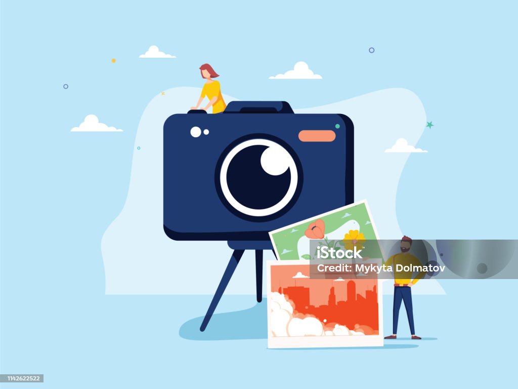 Photographer occupation vector illustration. Flat tiny camera picture person concept. Professional digital film Photographer occupation vector illustration. Flat tiny camera picture person concept. Professional digital film equipment technology. Creative nature image capture on tripod. Outdoor shooting session. Photographer stock vector